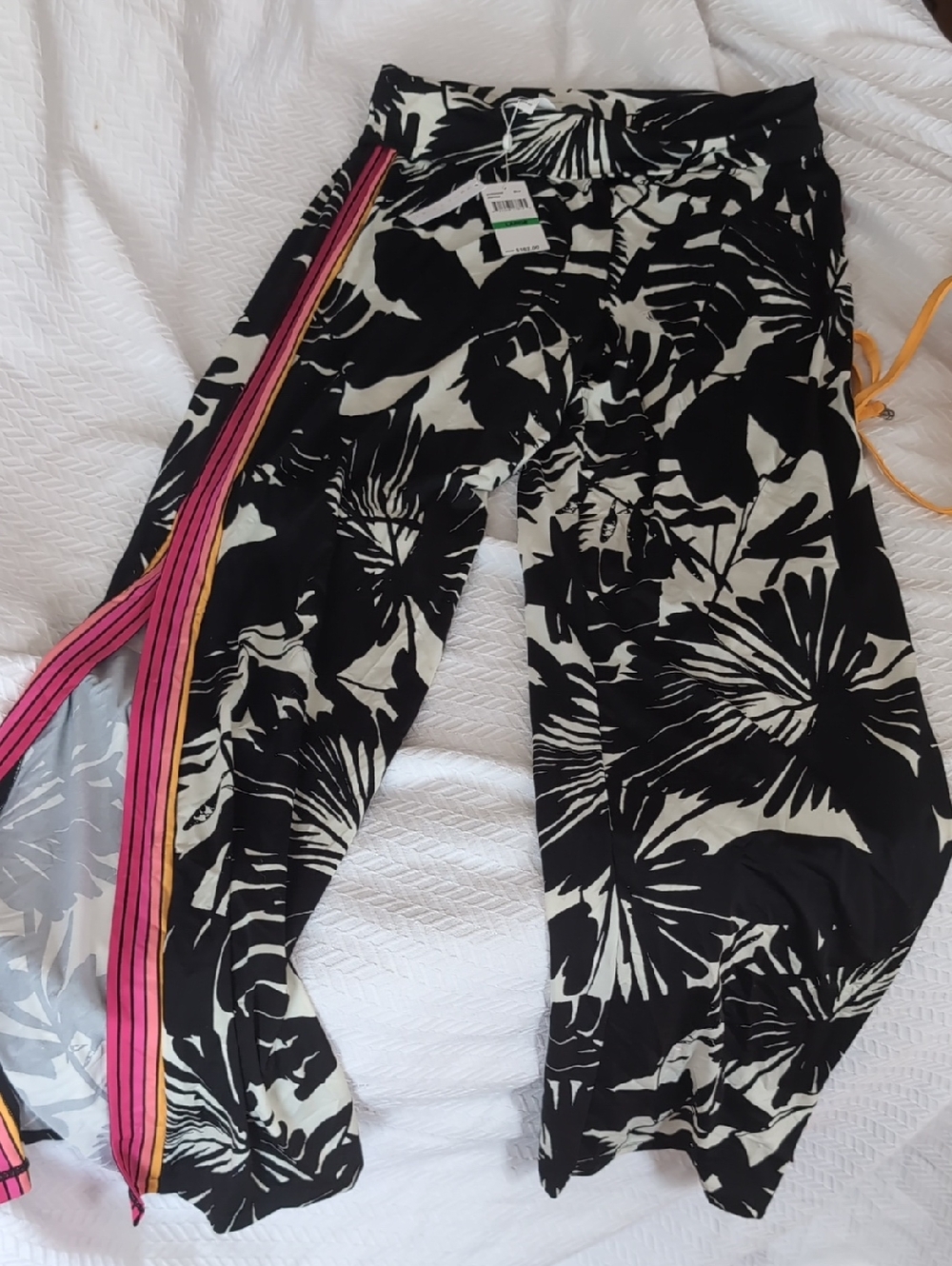 NWT Trina Turk Large Black and Cream Swim Cover Orange Pink Tropical Pants
